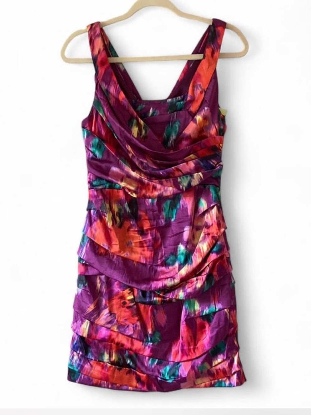 Vibrant Purple Multicolor Abstract Ruched Mini Dress